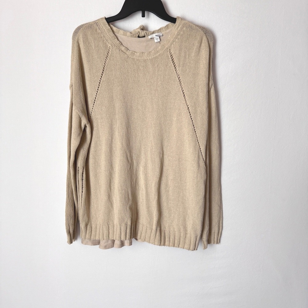 J. Jill Womens Medium Sweater Tie Back Layered Hem Beige Cotton Knit Pullover